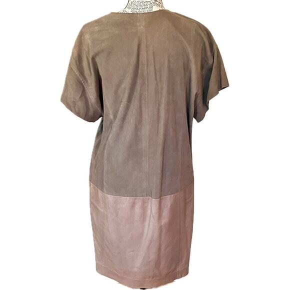 Vince Size S Brown Short Sleeve Leather V-Neck Shift Dress Pockets Lightweight - Picture 5 of 5